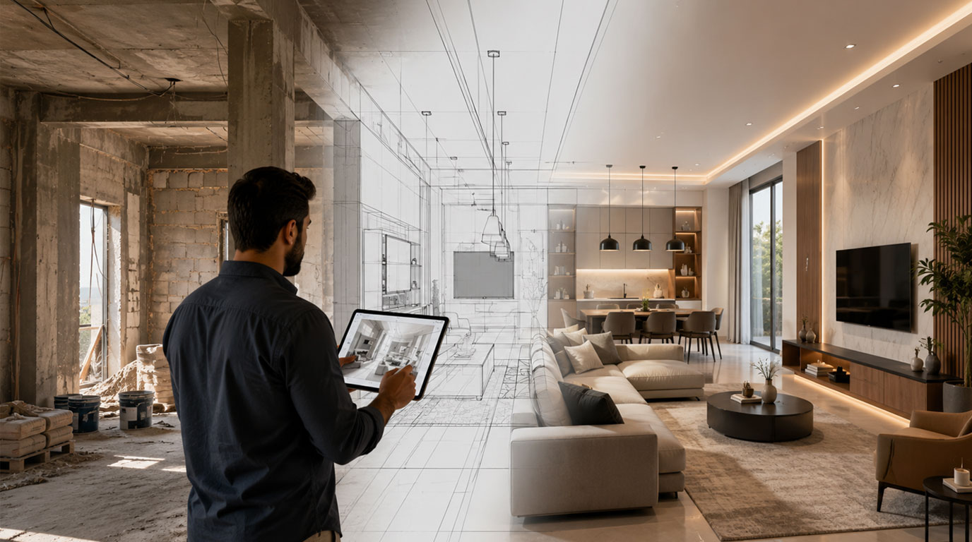 مهندس نوفي موندي يراجع مخطط شقة أثناء التنفيذ